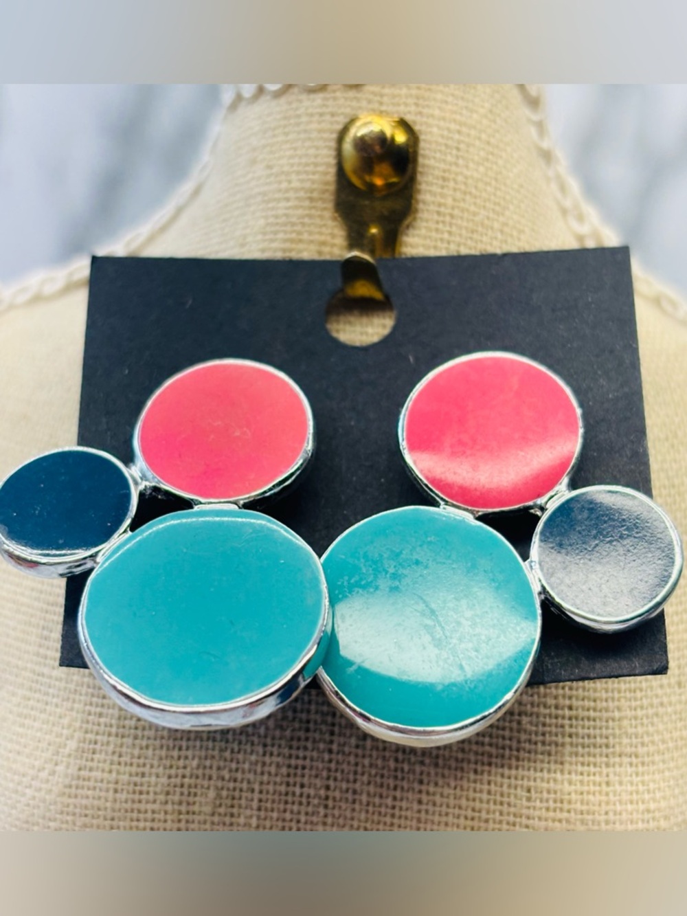 Vintage Silver Colorblock Circle Statement Earrings - Turquoise & Coral